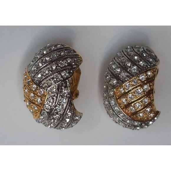 Vintage Earrings Clip On Glamour Rhinestone Heavy Unsigned Gold And Silver Toned - Picture 2 of 8